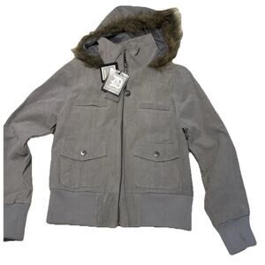 NWT DOLLHOUSE Sz Large Bomber Jacket Gray Genuine Leather Suede Faux Fur Hoodie